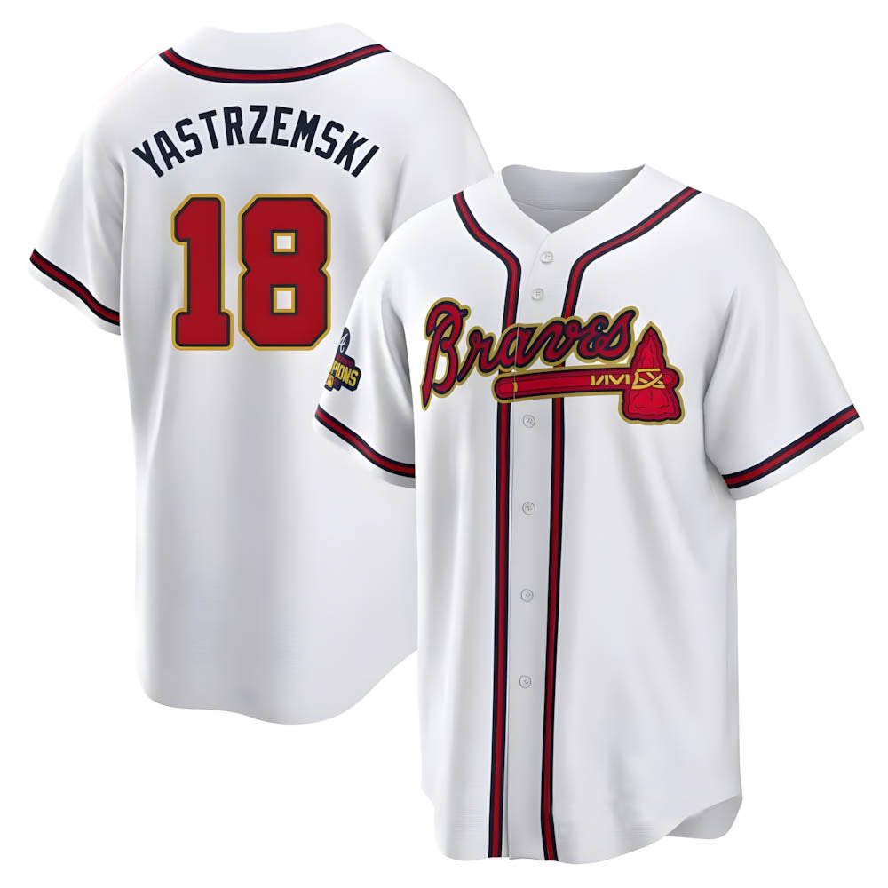 Kooe A.Braves #18 Mike Yastrzemski player Gold Replica White Program Stitched Jerseys