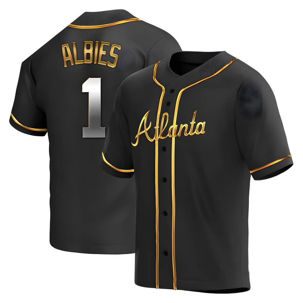 Kooe A.Braves #1 Ozzie Albies Player Gold Replica Black en Alternate Stitched Jerseys