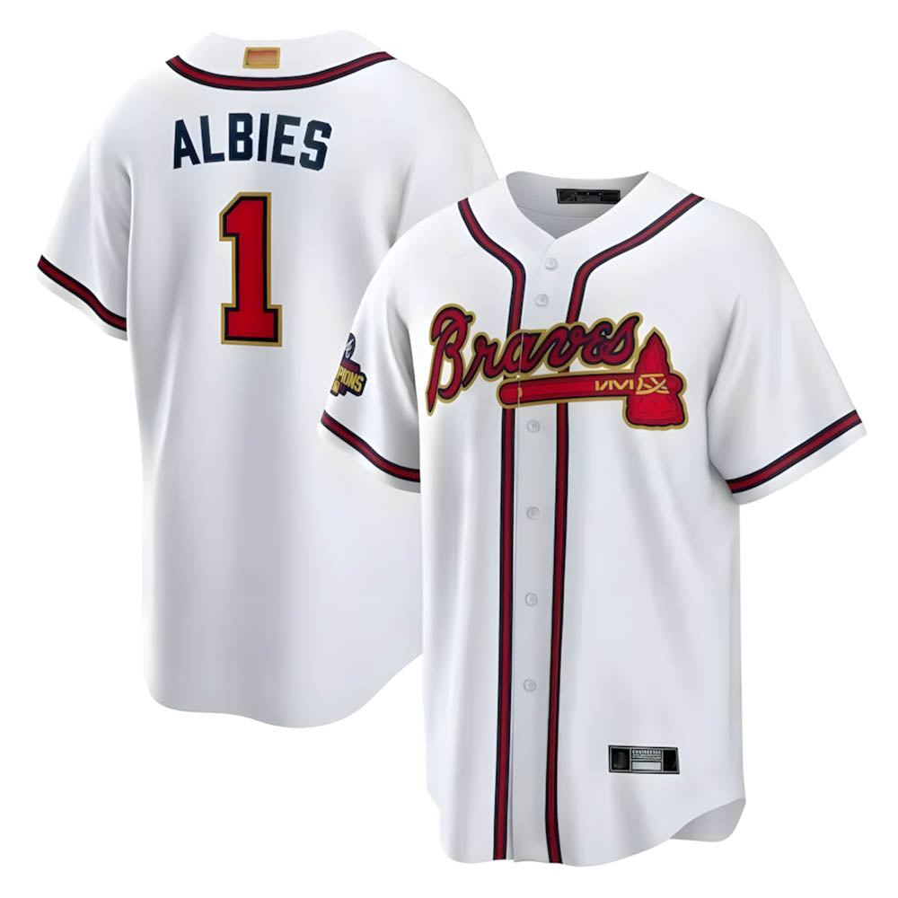 Kooe A.Braves #1 Ozzie Albies Player White World Series Gold Program Stitched Jerseys