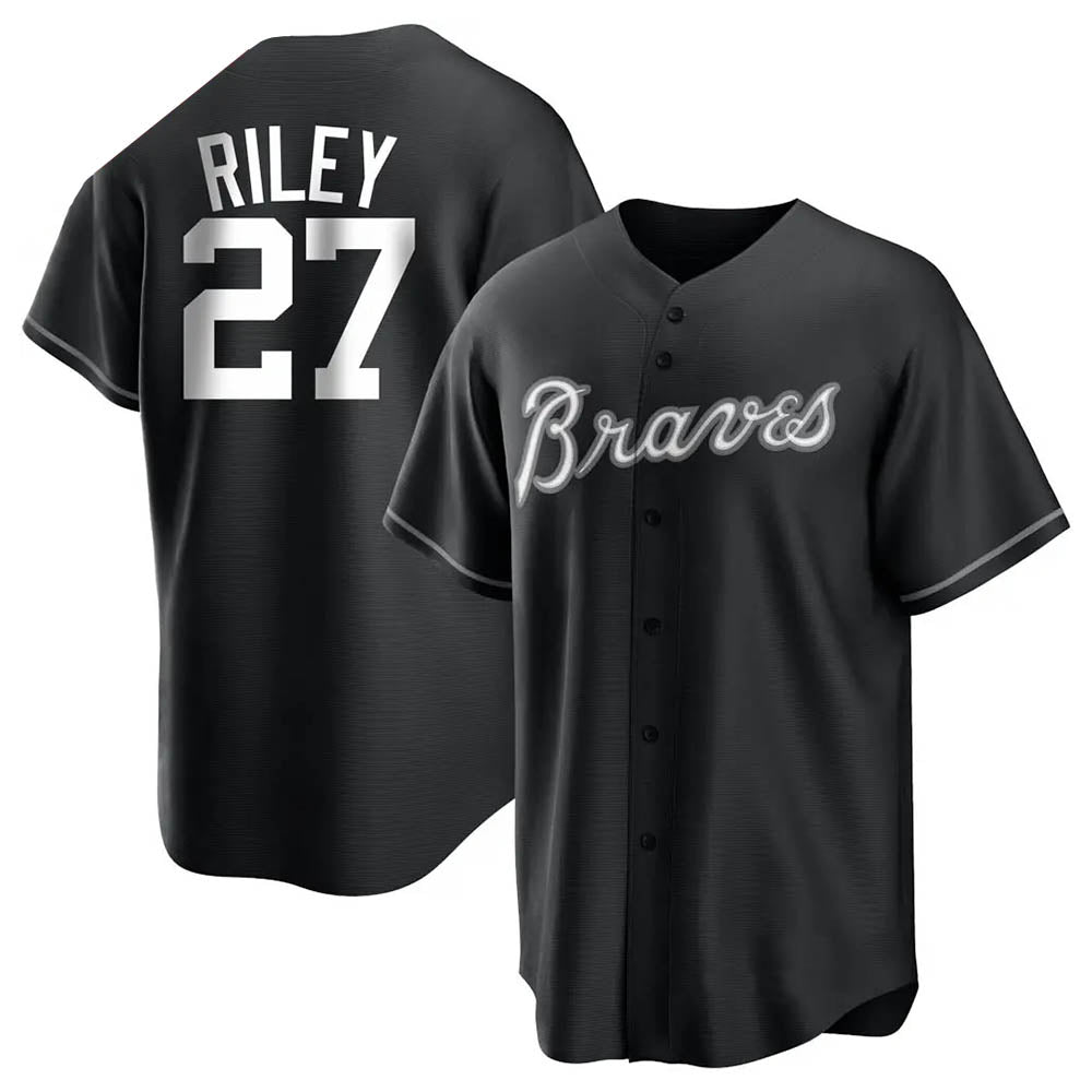 Kooe A.Braves #27 Austin Riley Player Black&White Replica Stitched Jerseys