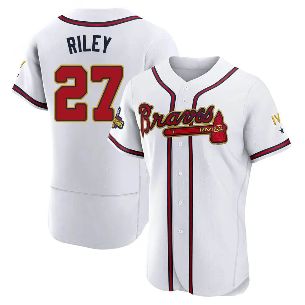Kooe A.Braves #27 Austin Riley Player White&Gold Authentic Program Stitched Jerseys