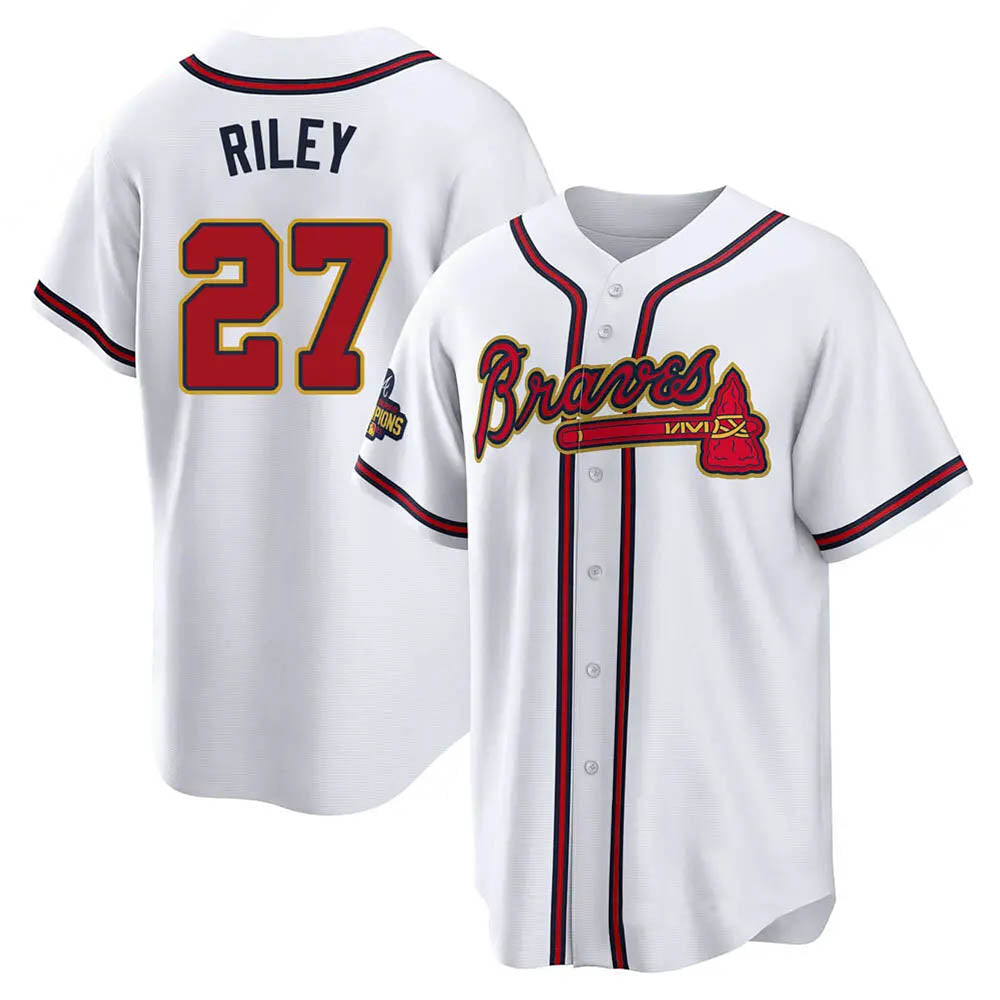 Kooe A.Braves #27 Austin Riley Player White&Gold Replica Program Stitched Jerseys