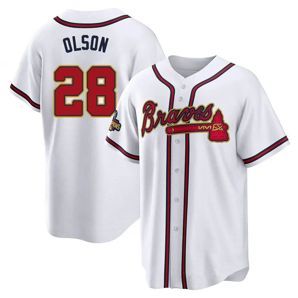 Kooe A.Braves #28 Matt Olson Player White&Gold Replica Program Stitched Jerseys