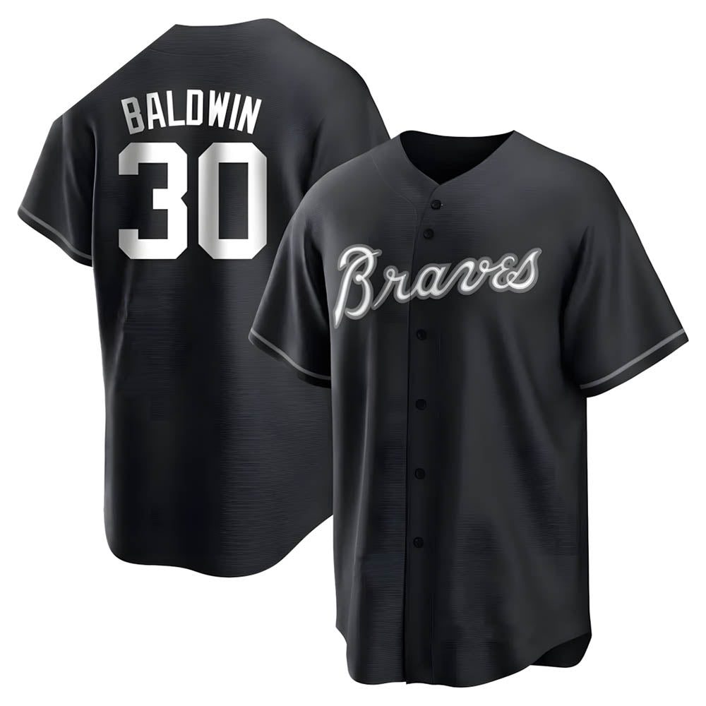 Kooe A.Braves #30 Drake Baldwin player Black&White Replica Stitched Jerseys
