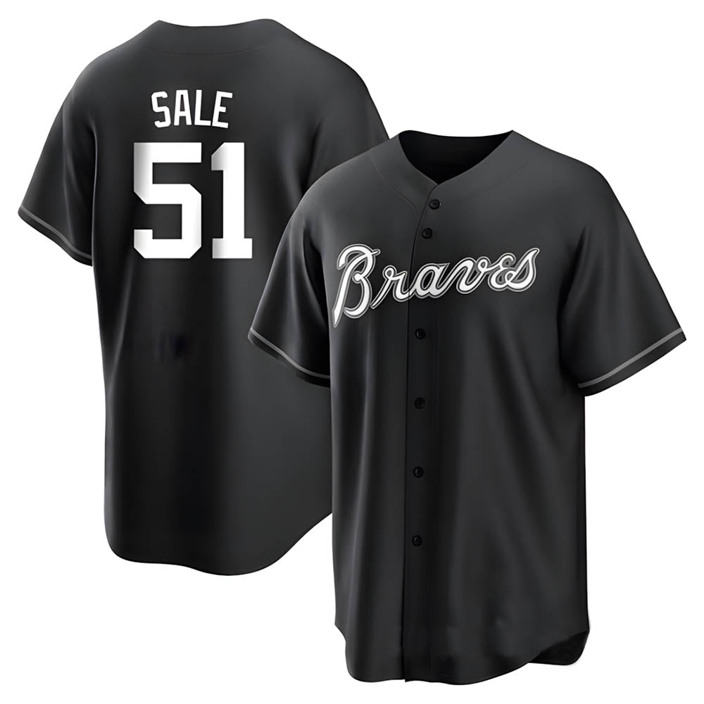 Kooe A.Braves #51 Chris Sale Player White&Black Replica Stitched Jerseys