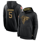 Kooe A.Falcons #5 Drake London Player Black Salute to Service Pullover Hoodies Stitched Jerseys