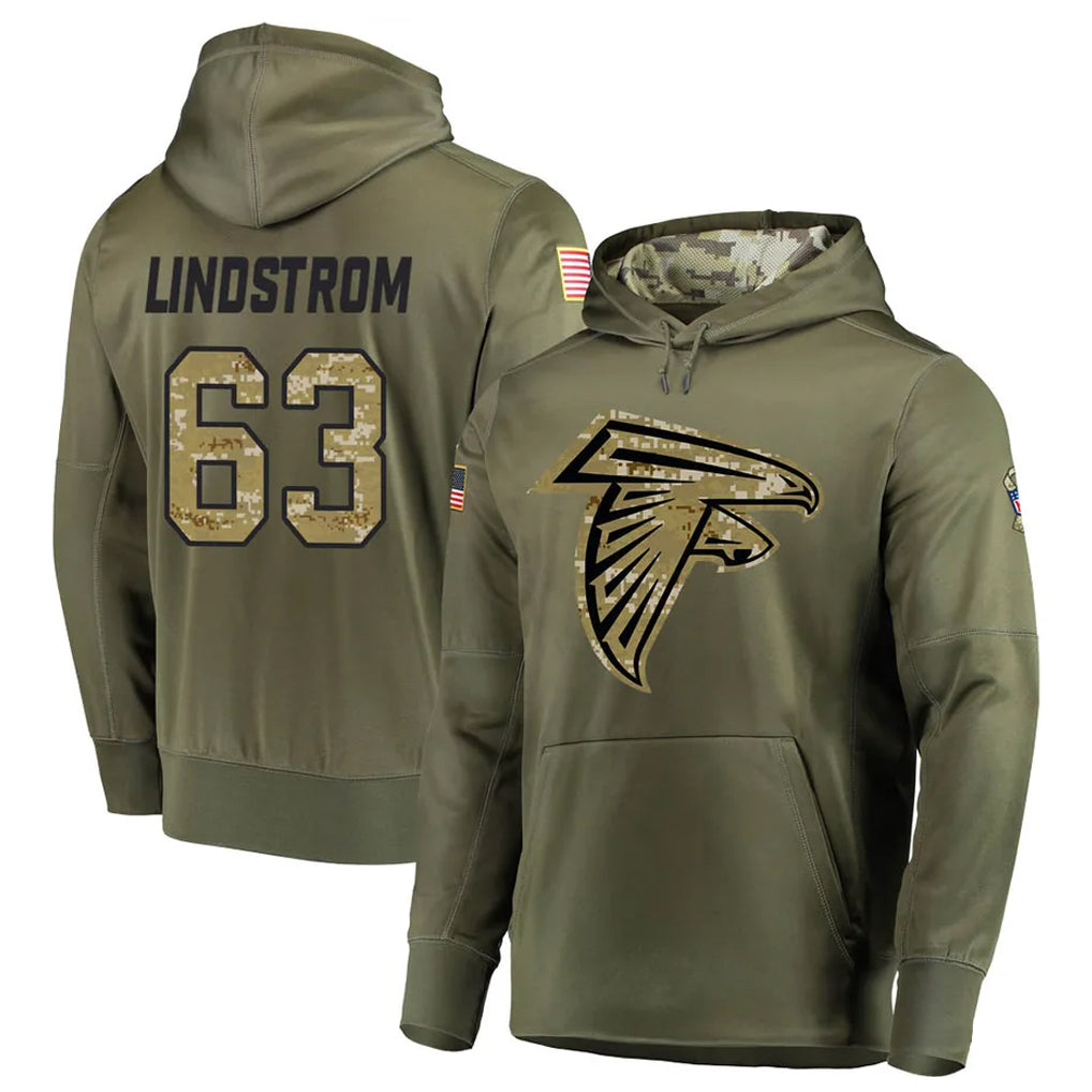 Kooe A.Falcons #63 Chris Lindstrom Player Olive Salute to Service Club Fleece Hoodie Stitched Jerseys
