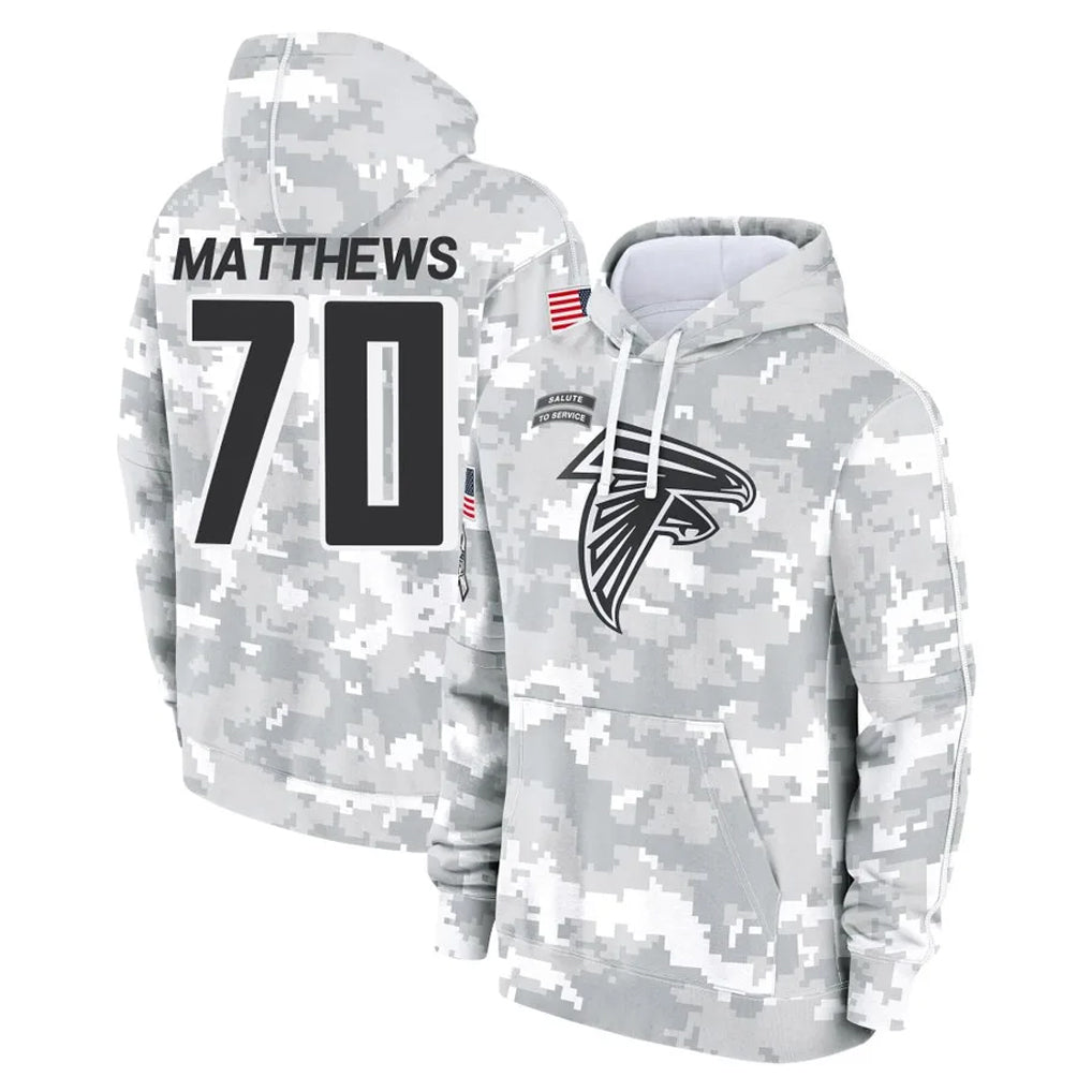 Kooe A.Falcons #70 Jake Matthews Player Arctic Camo Salute to Service Limited Hoodie Stitched Jerseys