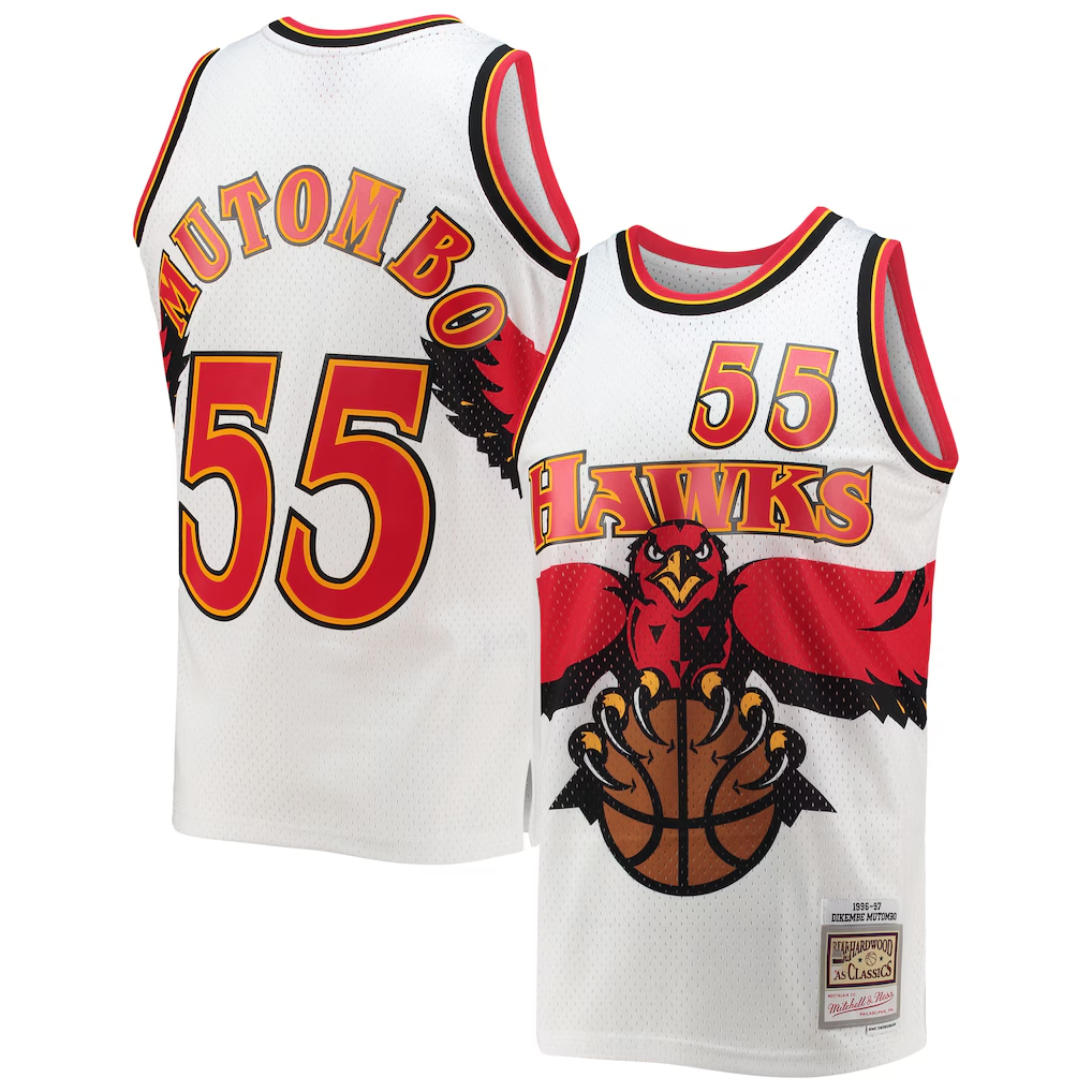 Kooe A.Hawks #55 Dikembe Mutombo Mitchell & Ness White 199697 Hardwood Classics Swingman Jerseys
