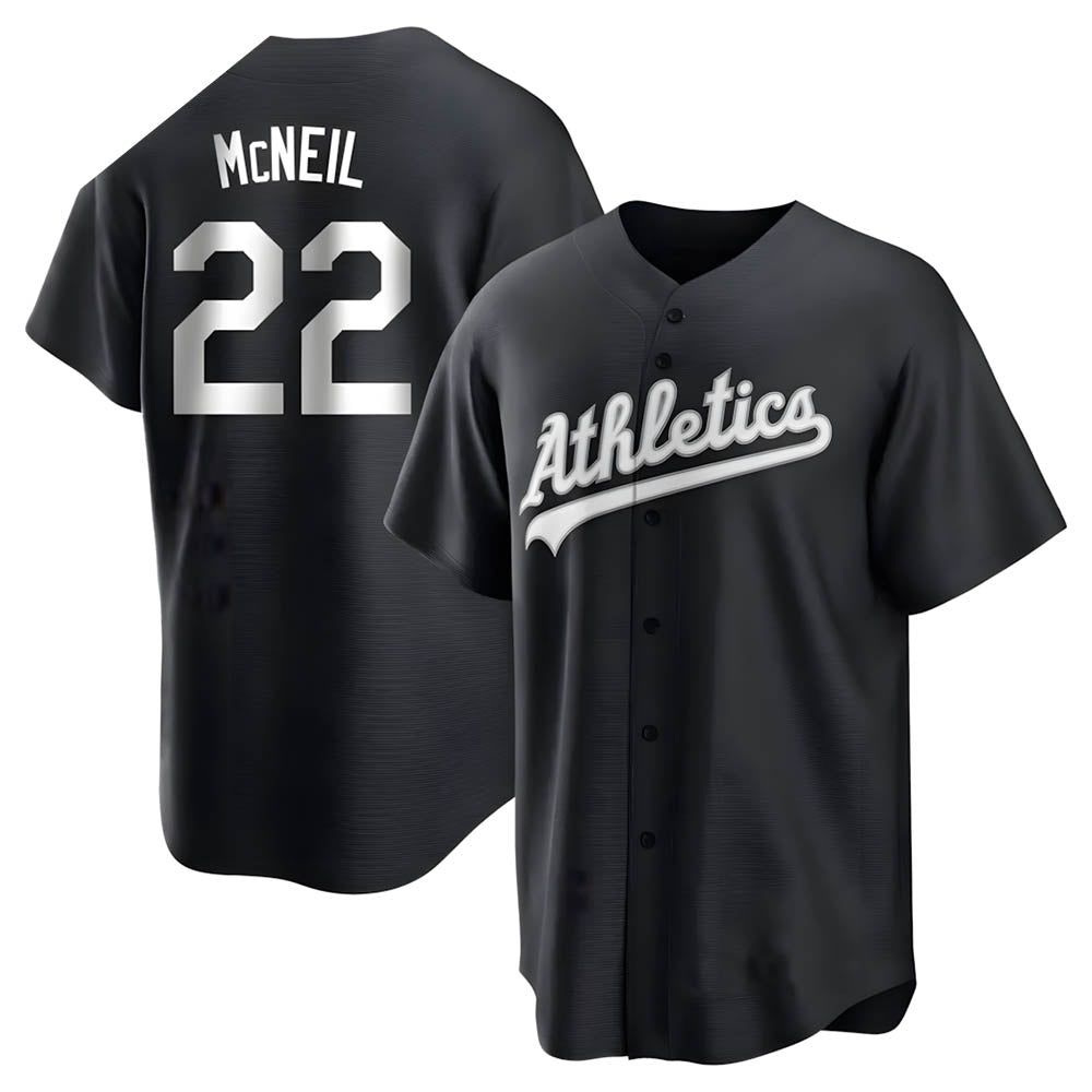 Kooe Athletics #22 Jeff McNeil player Black&White Replica Stitched Jersey