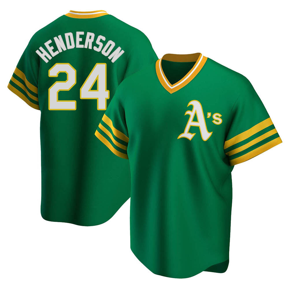 Kooe Athletics #24 Rickey Henderson Player Green Replica Cooperstown Collection T shirt Stitched Jersey