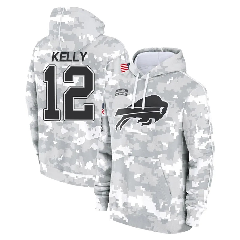 Kooe B.Bills #12 Jim Kelly Player Arctic Camo Salute to Service Hoodies Limited Stitched Jerseys