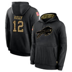 Kooe B.Bills #12 Jim Kelly Player Black Salute to Service Hoodies Hame Stitched Jerseys