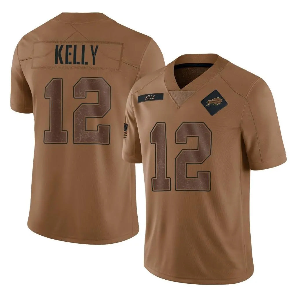 Kooe B.Bills #12 Jim Kelly Player Brown Salute To Service Limited Stitched Jerseys