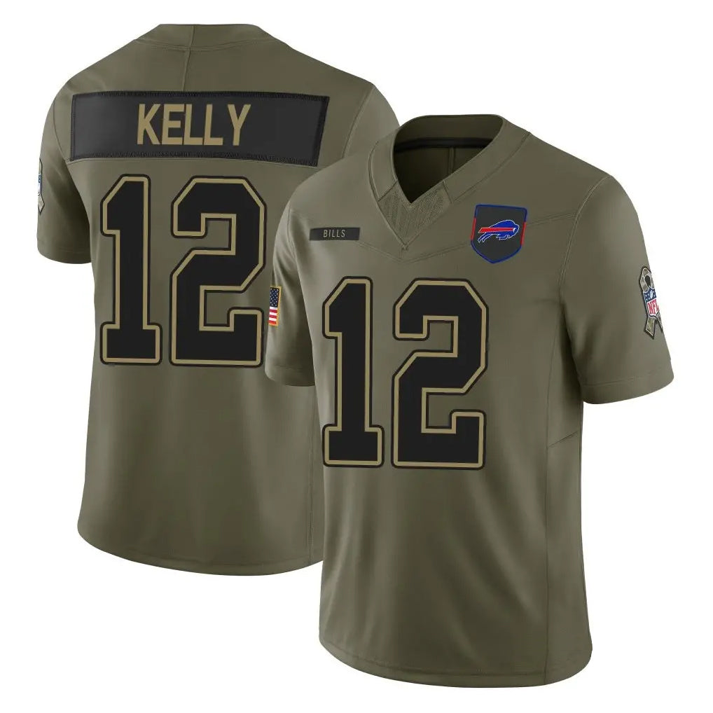 Kooe B.Bills #12 Jim Kelly Player Olive Salute to Service Limited Home Game Stitched Jerseys