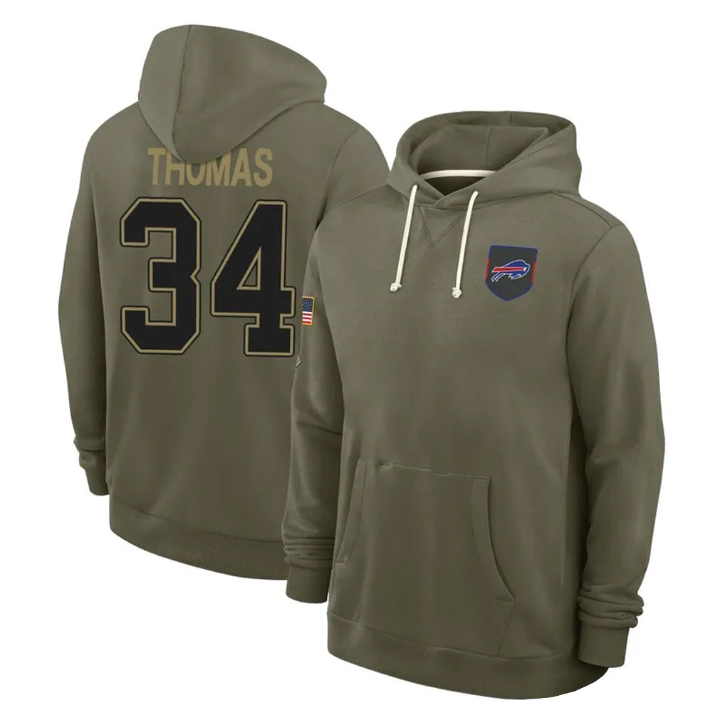 Kooe B.Bills #34 Thurman Thomas Player Olive Salute to Service Hoodies Stitched Jerseys