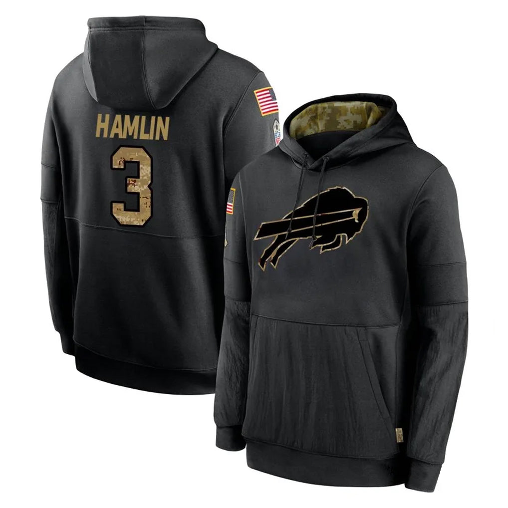 Kooe B.Bills #3 Damar Hamlin Player Black Salute to Service Hoodies Stitched Jersey