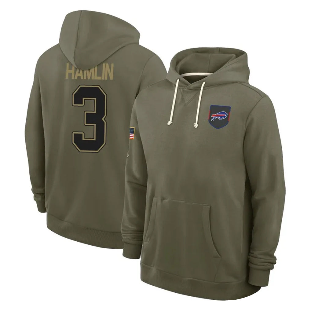 Kooe B.Bills #3 Damar Hamlin Player Olive Salute To Service Hoodies Game Stitched Jerseys