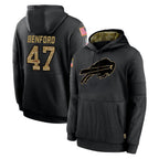 Kooe B.Bills #47 Christian Benford Player Black Salute to Service Hoodies Hame Stitched Jerseys