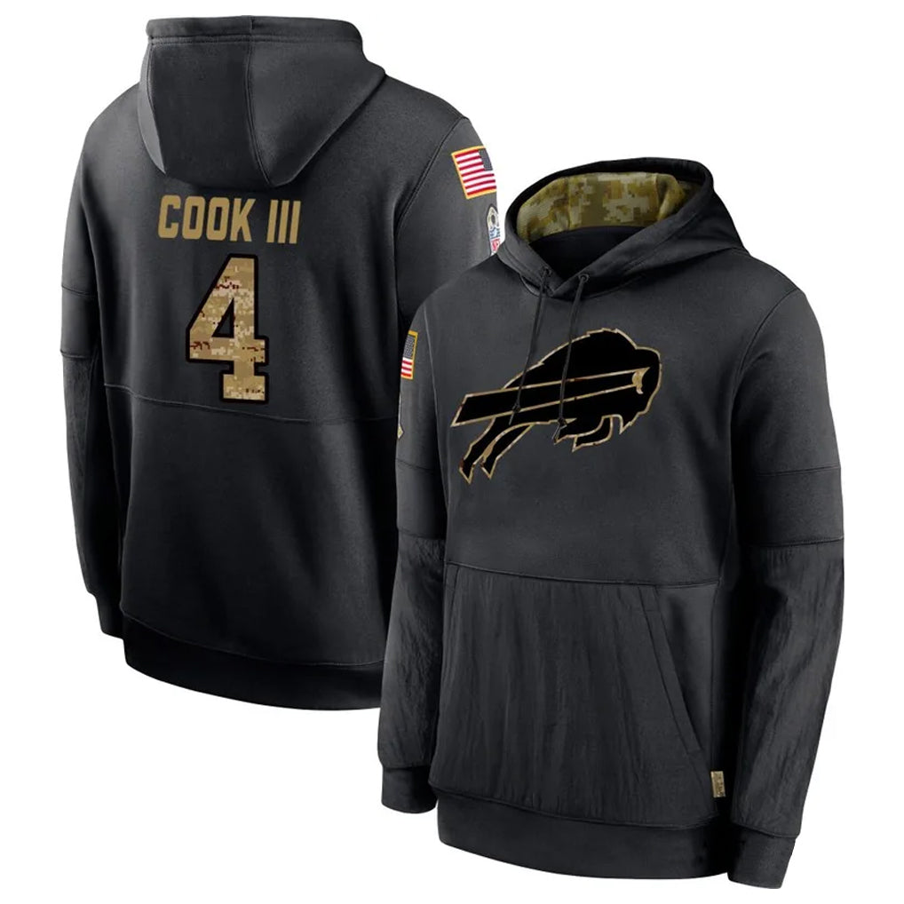 Kooe B.Bills #4 James Cook III Player Black Salute to Service Hoodies Hame Stitched Jerseys
