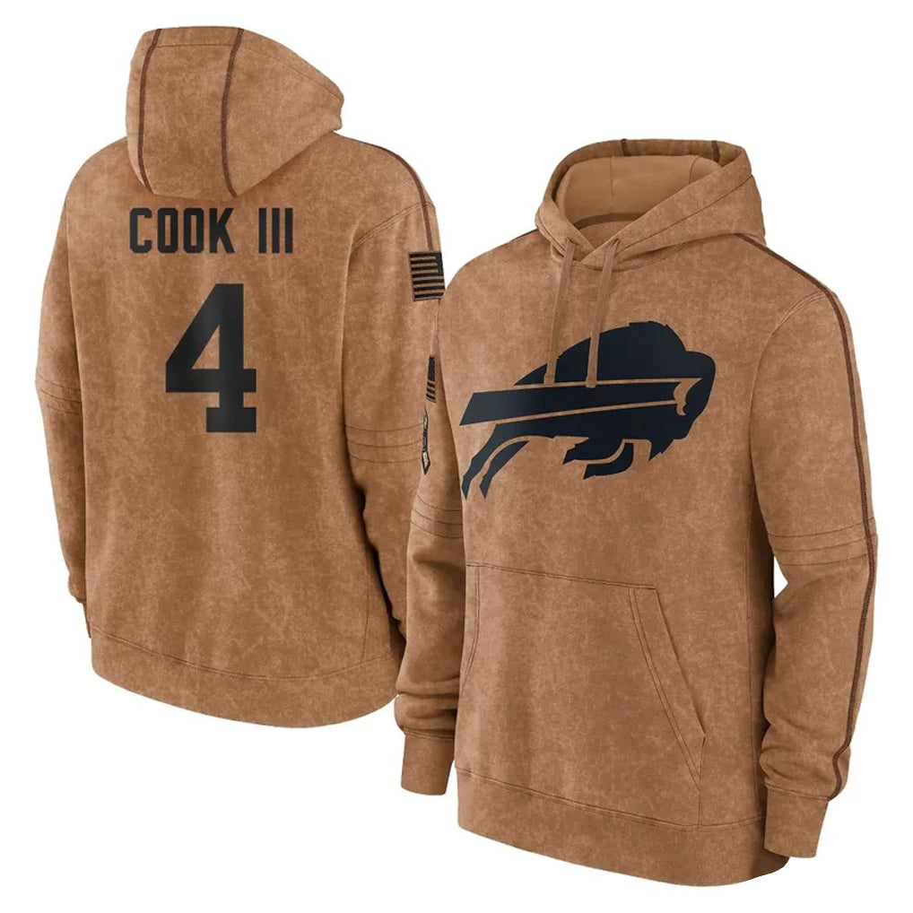Kooe B.Bills #4 James Cook III Player Brown Salute to Service Hoodies Stitched Jerseys