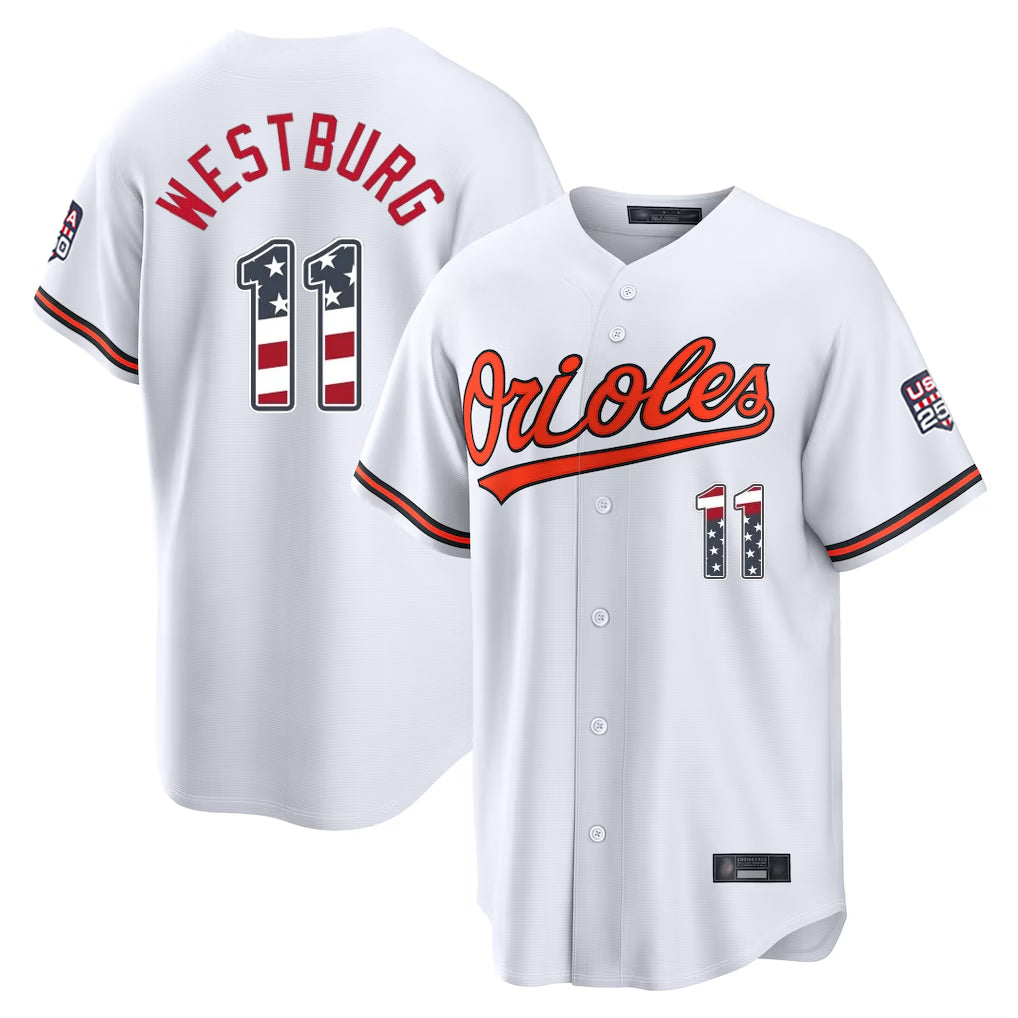 Kooe B.Orioles #11 Jordan Westburg Player White USA 250 Fourth of July Home Game Stitched Jerseys