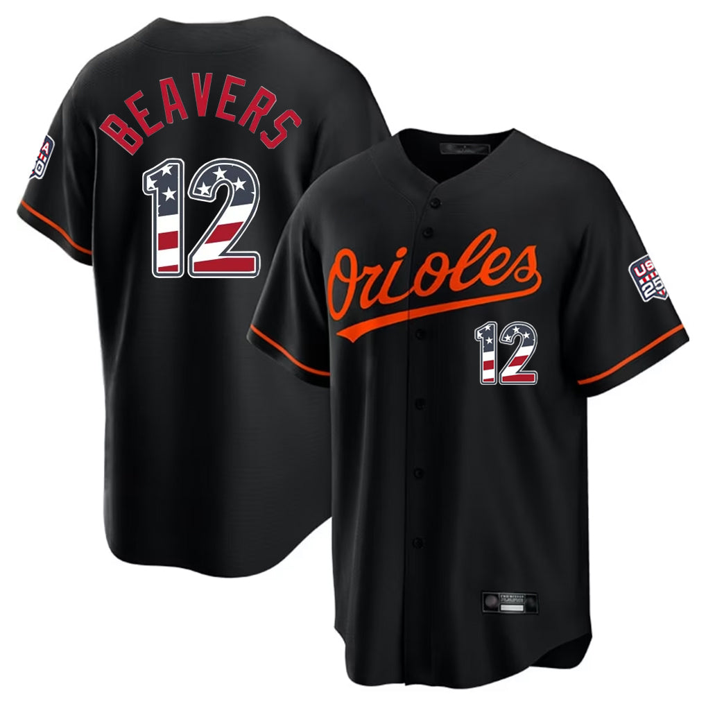 Kooe B.Orioles #12 Dylan Beavers Player Black USA 250 Fourth of July Home Game Stitched Jerseys