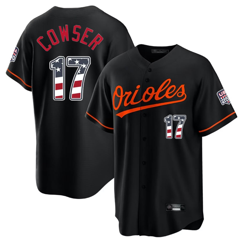 Kooe B.Orioles #17 Colton Cowser Player Black USA 250 Fourth of July Home Game Stitched Jerseys