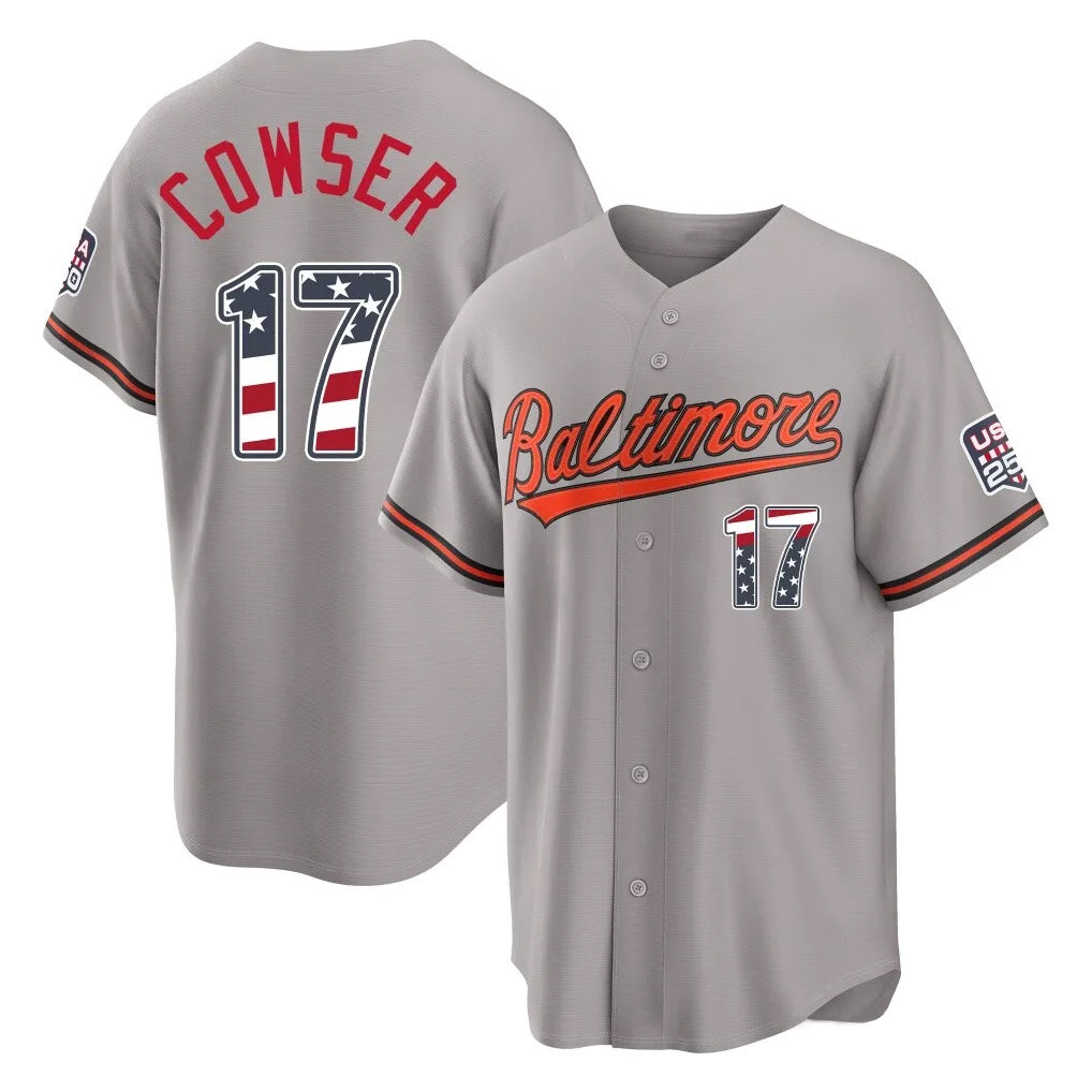 Kooe B.Orioles #17 Colton Cowser Player Gray USA 250 Fourth of July Home Game Stitched Jerseys