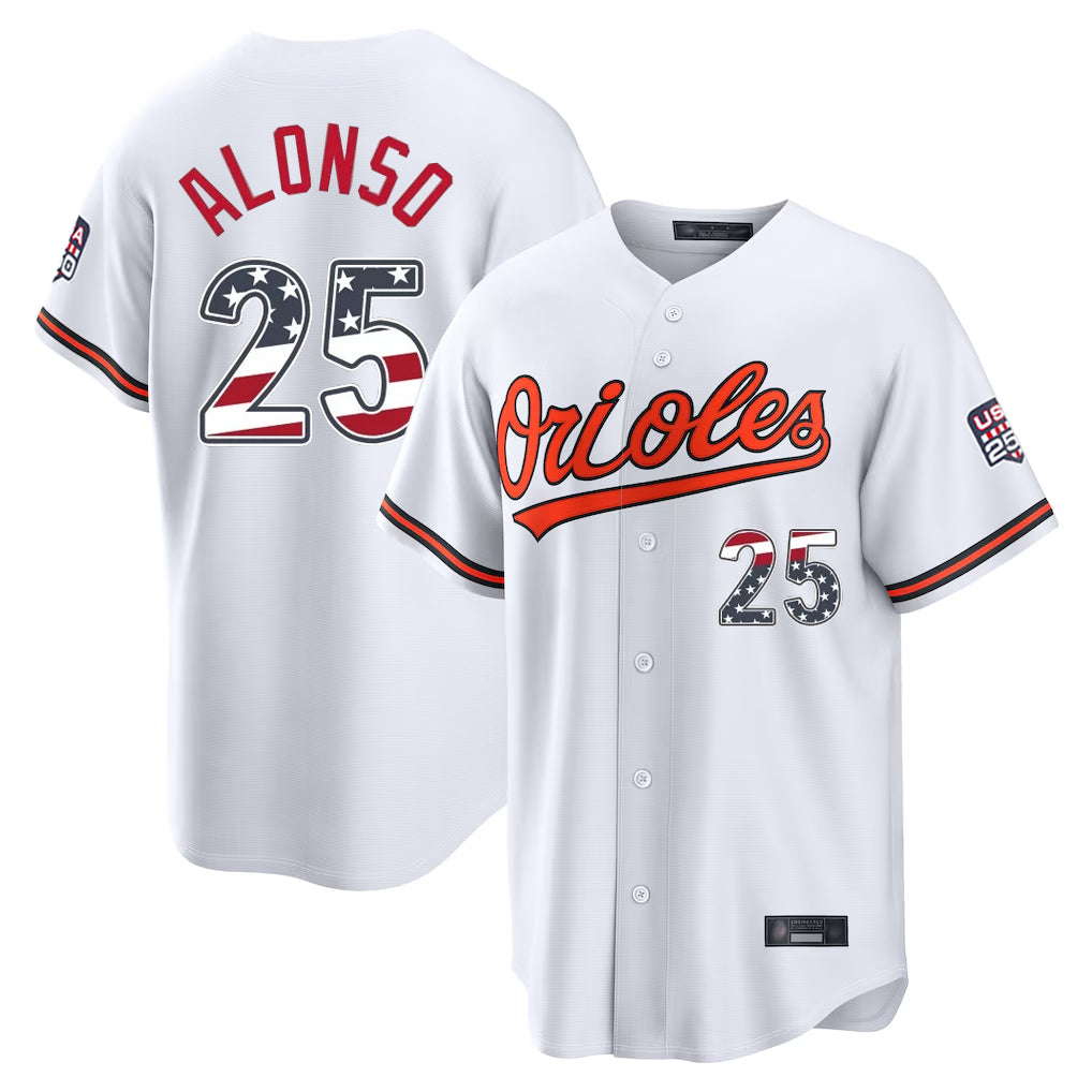 Kooe B.Orioles #25 Pete Alonso Player White USA 250 Fourth of July Home Game Stitched Jerseys