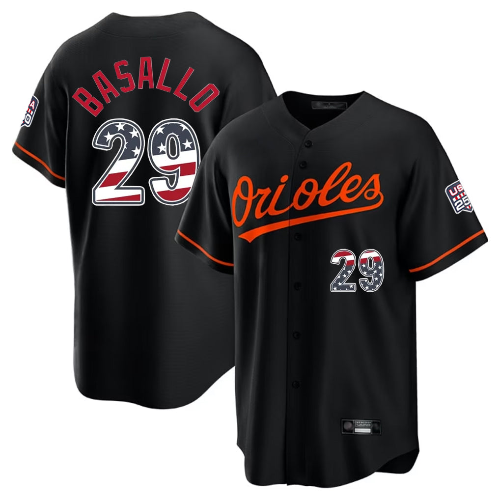 Kooe B.Orioles #29 Samuel Basallo Player Black USA 250 Fourth of July Home Game Stitched Jerseys