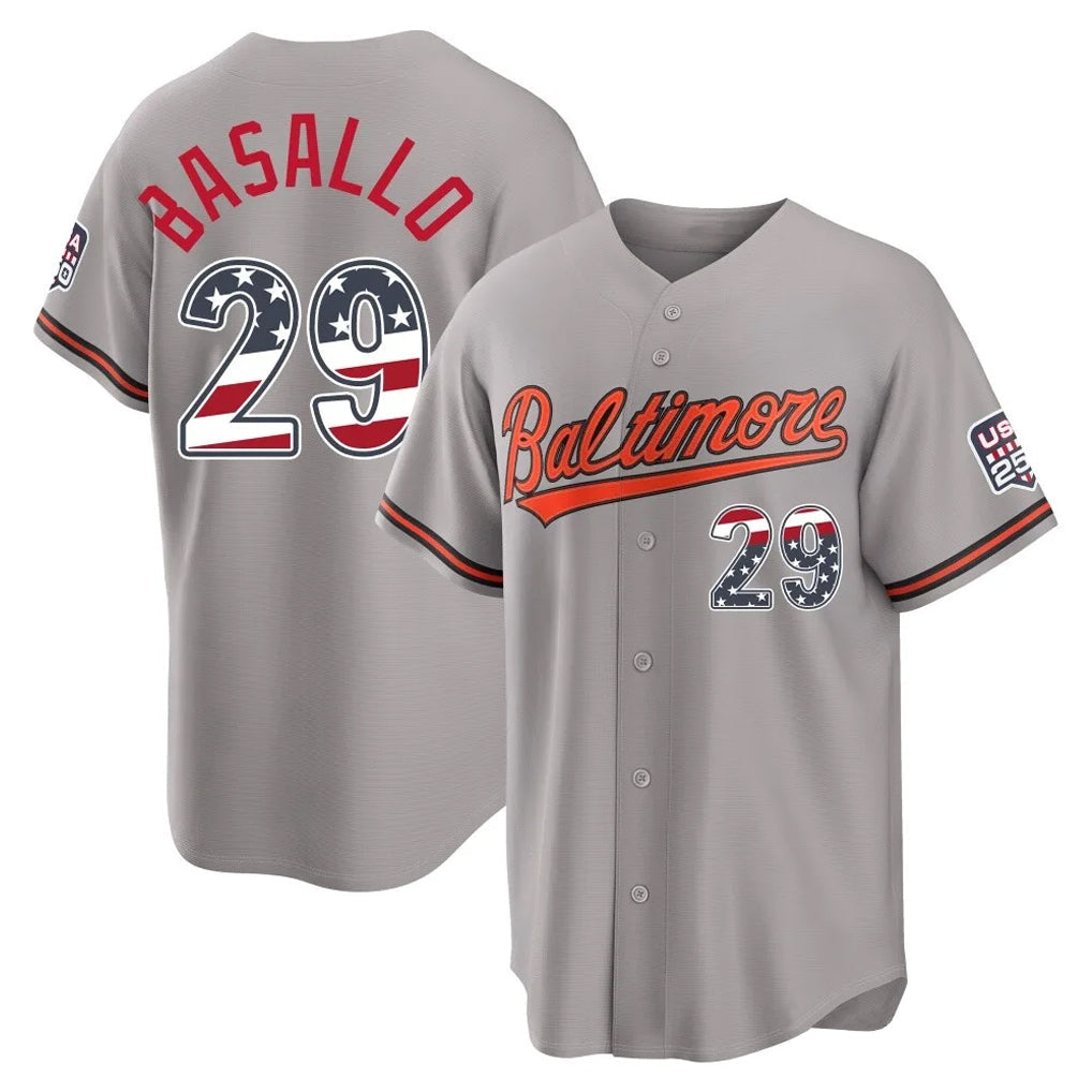 Kooe B.Orioles #29 Samuel Basallo Player Gray USA 250 Fourth of July Home Game Stitched Jerseys