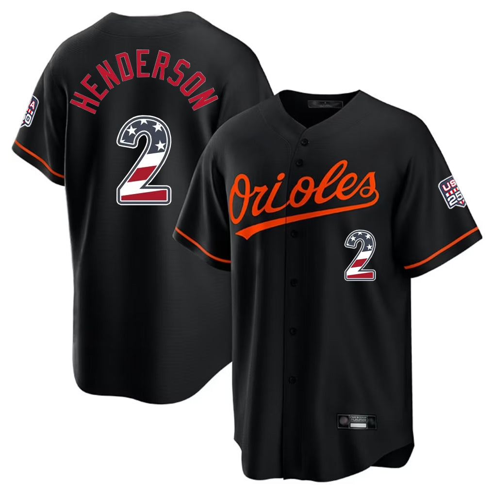 Kooe B.Orioles #2 Gunnar Henderson Player Black USA 250 Fourth of July Home Game Stitched Jerseys