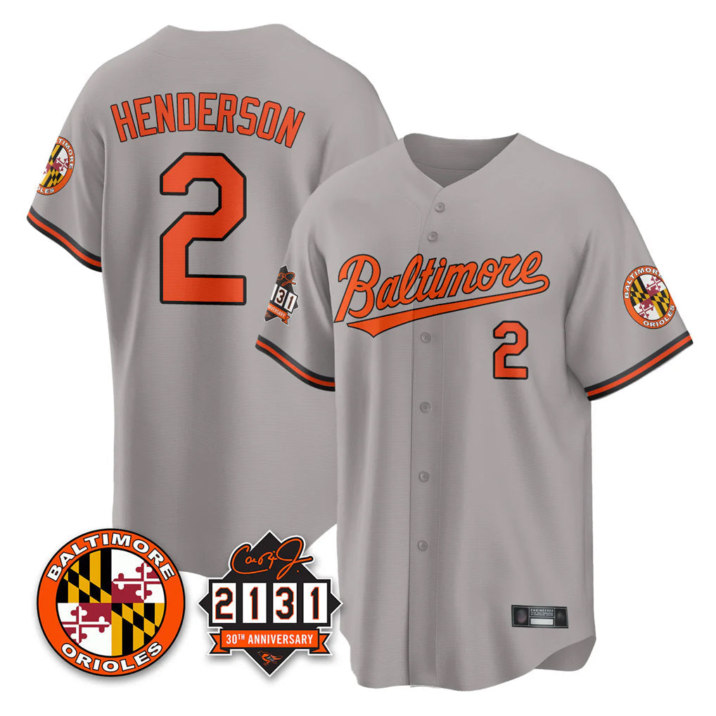 Kooe B.Orioles #2 Gunnar Henderson Player Gray 30th Anniversary of 2131 Home Game Stitched Jerseys
