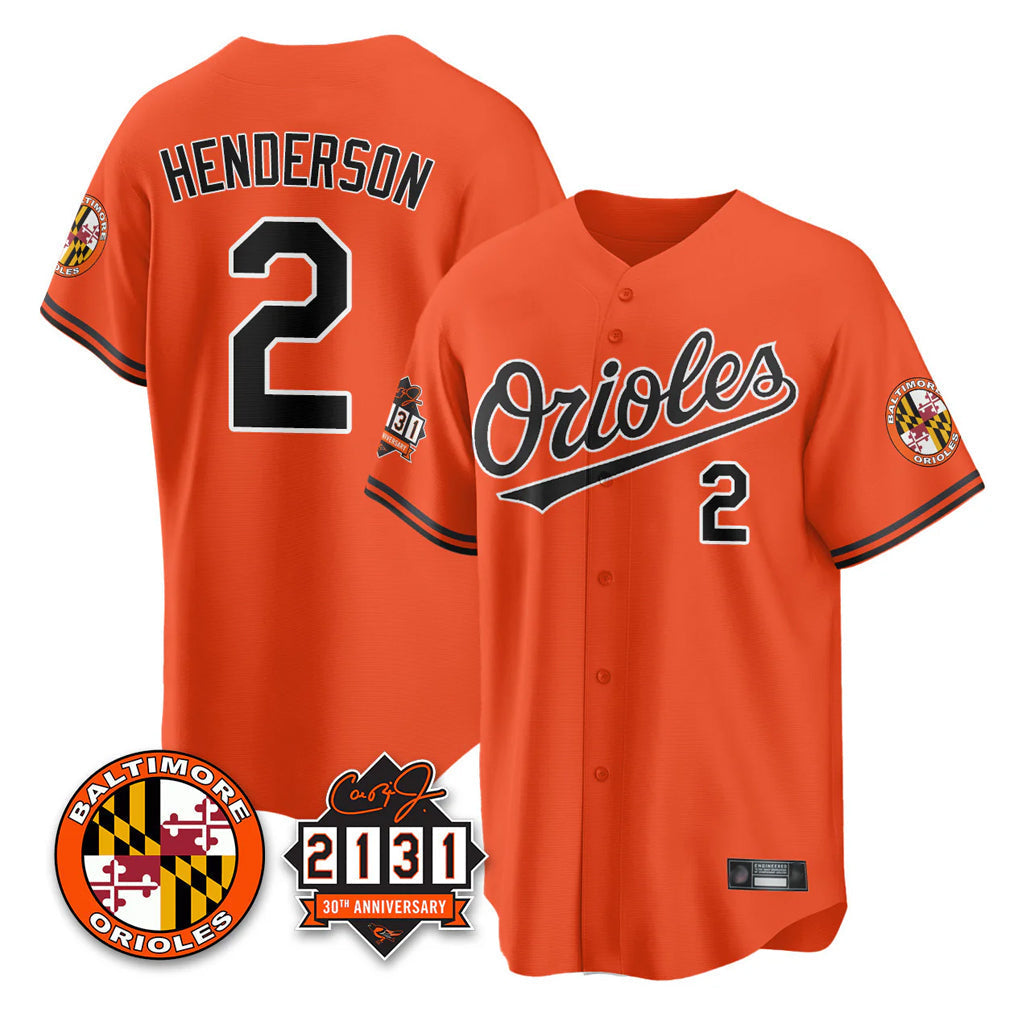 Kooe B.Orioles #2 Gunnar Henderson Player Orange 30th Anniversary of 2131 Home Game Stitched Jerseys