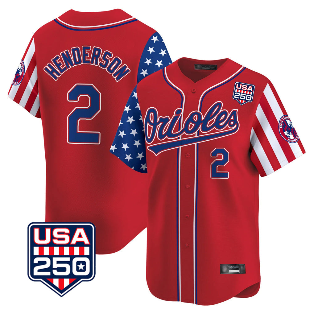 Kooe B.Orioles #2 Gunnar Henderson Player Red USA 250 Independence Day Vapor Premier Limited Home Game Stitched Jerseys