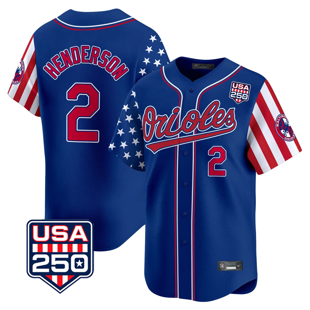 Kooe B.Orioles #2 Gunnar Henderson Player Royal USA 250 Independence Day Vapor Premier Limited Home Game Stitched Jerseys