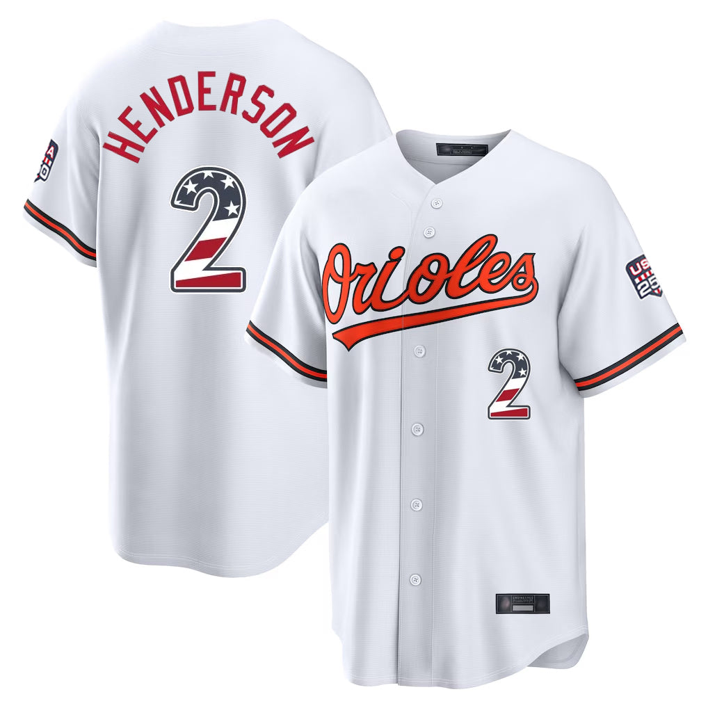 Kooe B.Orioles #2 Gunnar Henderson Player White USA 250 Fourth of July Home Game Stitched Jerseys