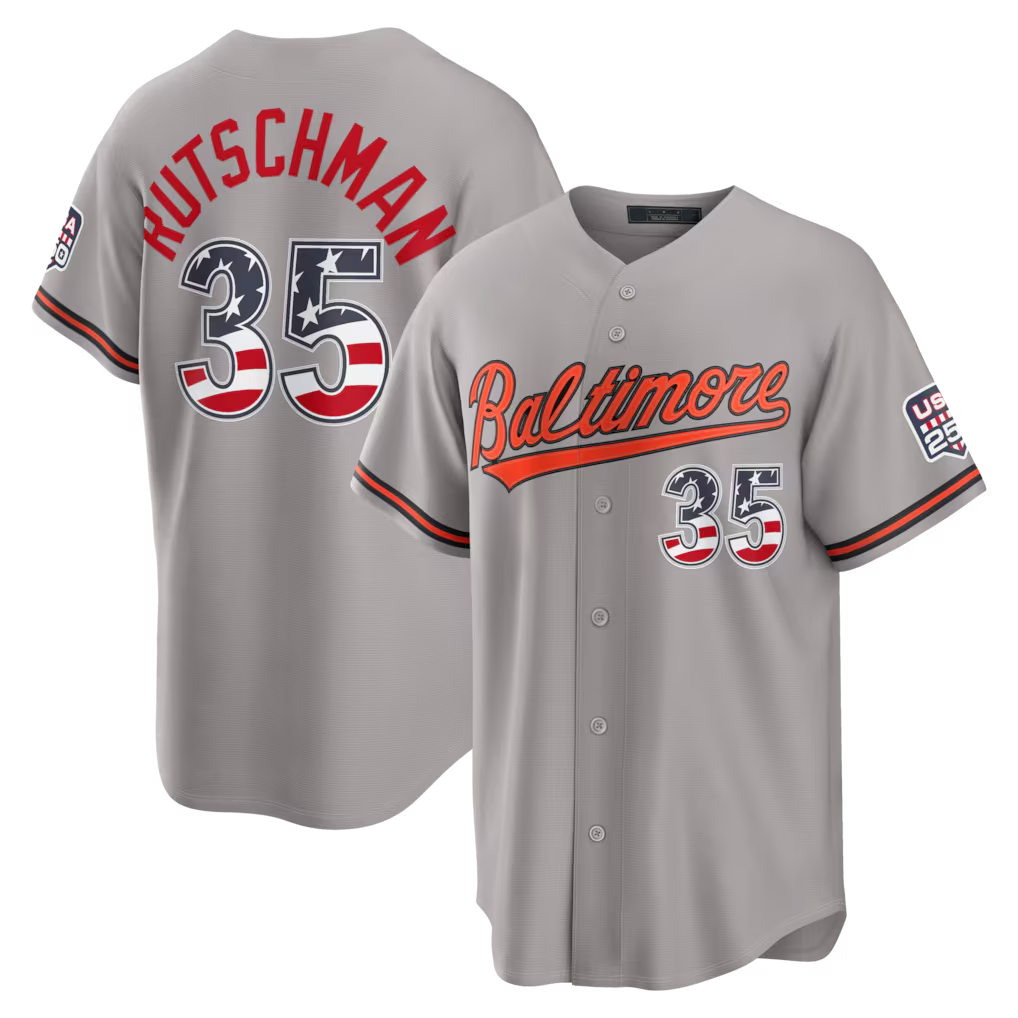 Kooe B.Orioles #35 Adley Rutschman Gray USA 250 Fourth of July Road Stadium Jersey