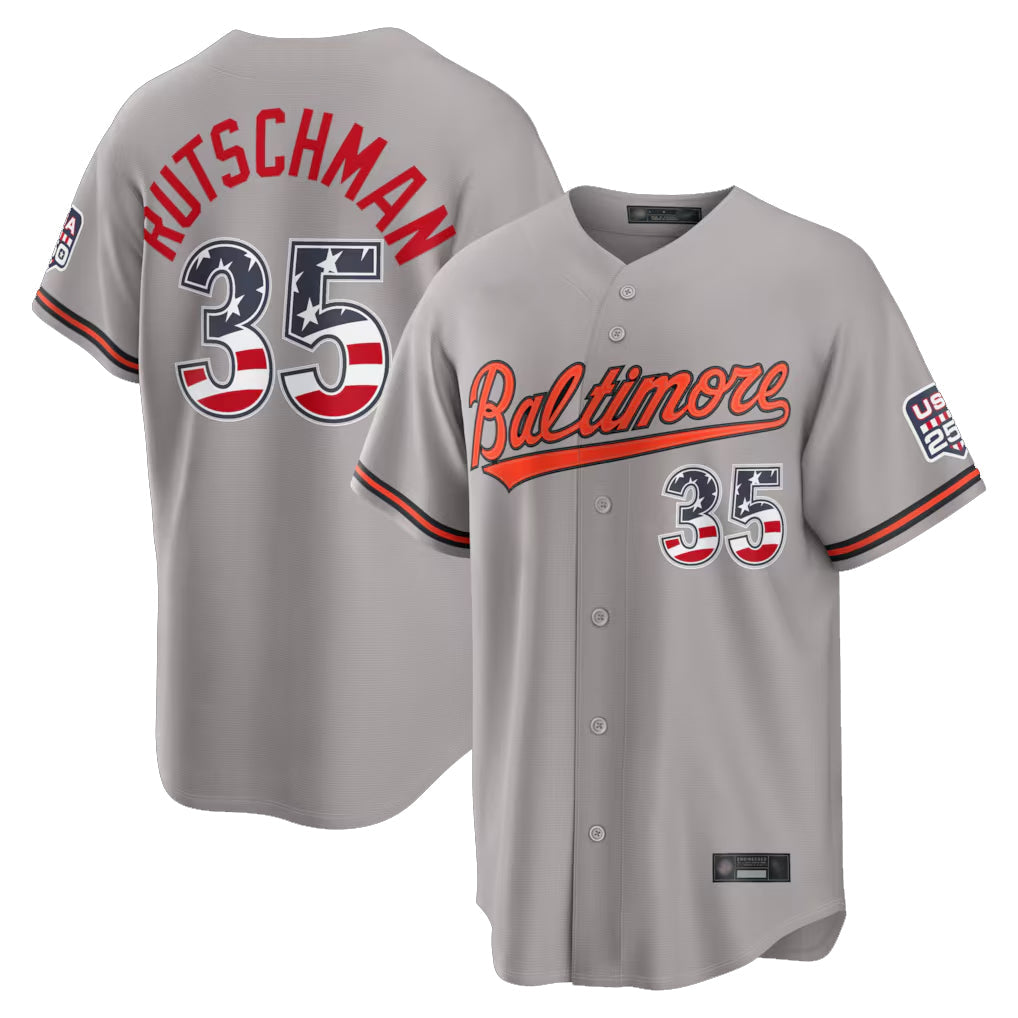 Kooe B.Orioles #35 Adley Rutschman Gray USA 250 Fourth of July Home Game Stitched Jerseys
