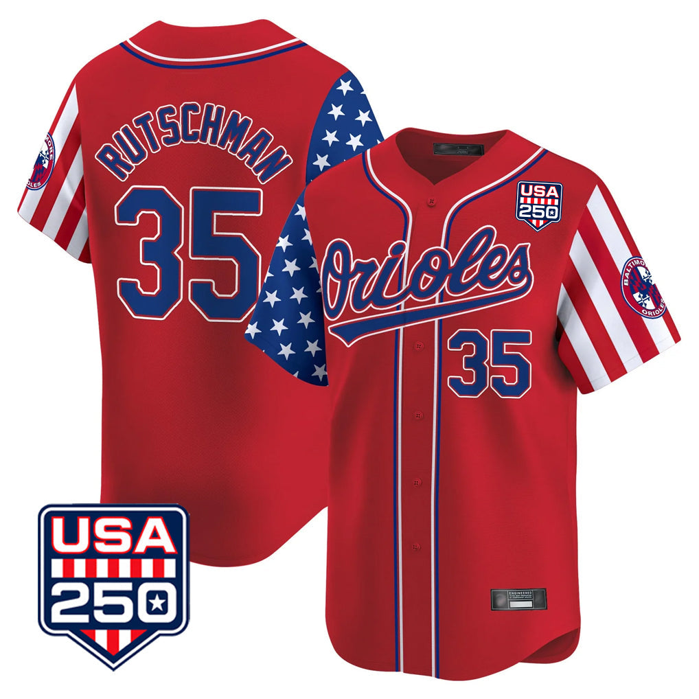 Kooe B.Orioles #35 Adley Rutschman Red USA 250 Independence Day Vapor Premier Limited Home Game Stitched Jerseys