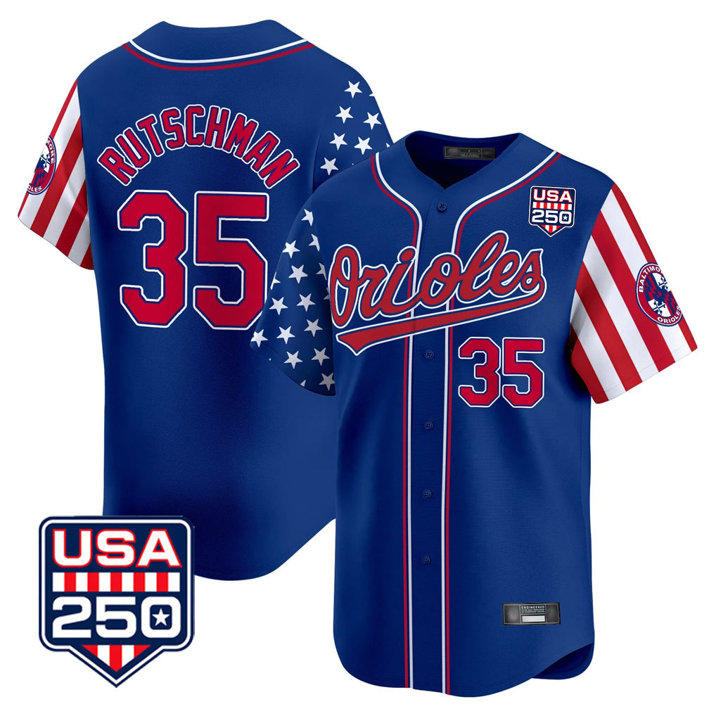 Kooe B.Orioles #35 Adley Rutschman Royal USA 250 Independence Day Vapor Premier Limited Home Game Stitched Jerseys