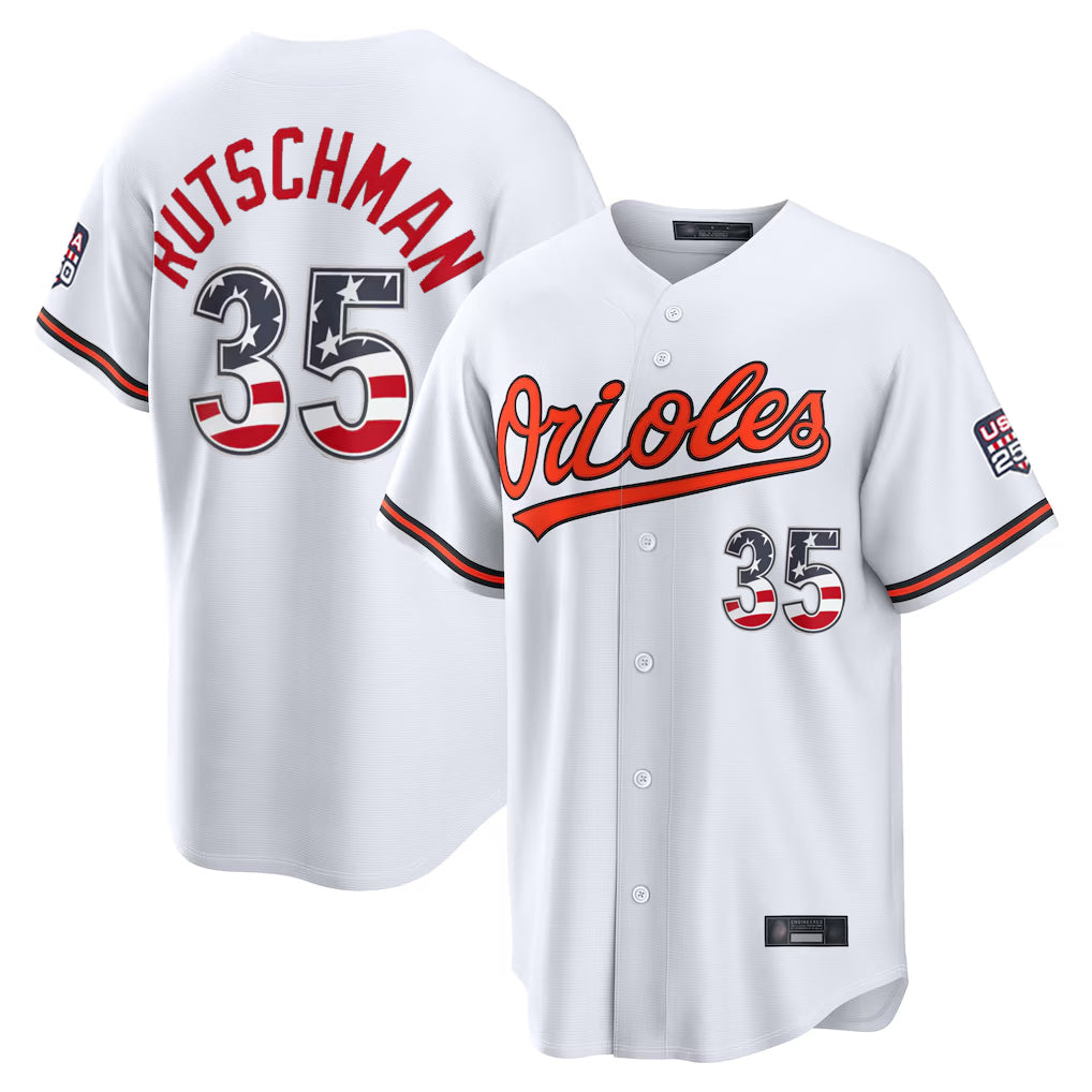 Kooe B.Orioles #35 Adley Rutschman White USA 250 Fourth of July Home Game Stitched Jerseys