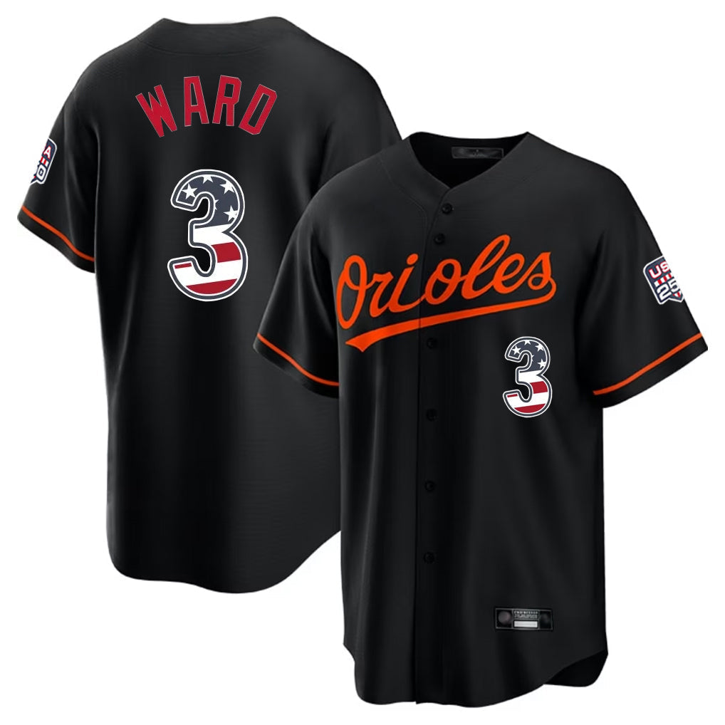 Kooe B.Orioles #3 Taylor Ward Player Black USA 250 Fourth of July Home Game Stitched Jerseys