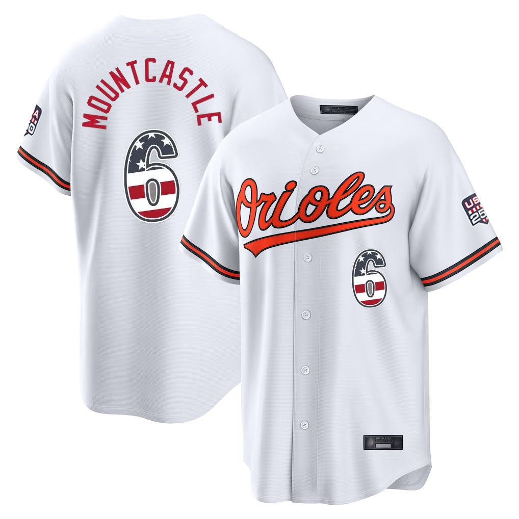 Kooe B.Orioles #6 Ryan Mountcastle Player White USA 250 Fourth of July Home Game Stitched Jerseys