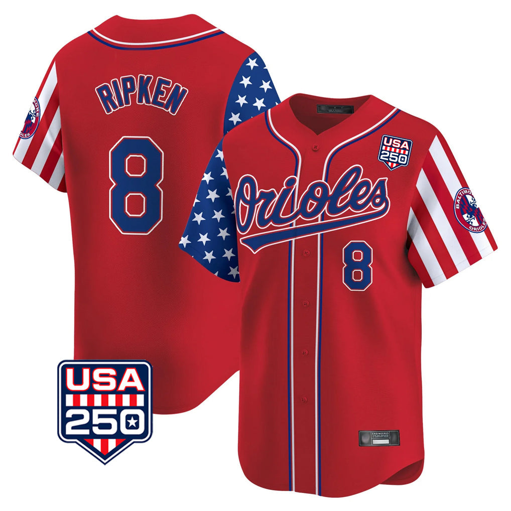 Kooe B.Orioles #8 Cal Ripken Player Red USA 250 Independence Day Vapor Premier Limited Home Game Stitched Jerseys