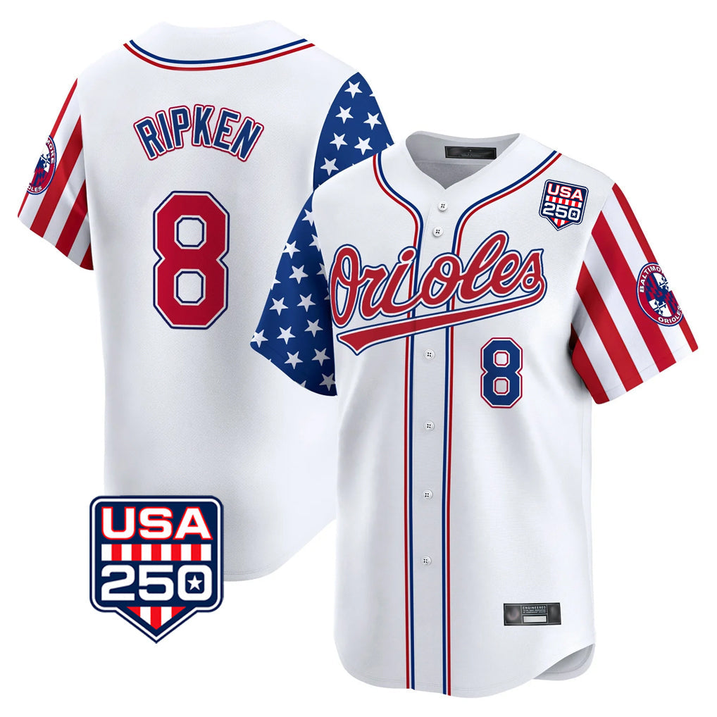 Kooe B.Orioles #8 Cal Ripken Player White USA 250 Independence Day Vapor Premier Home Game Stitched Jerseys