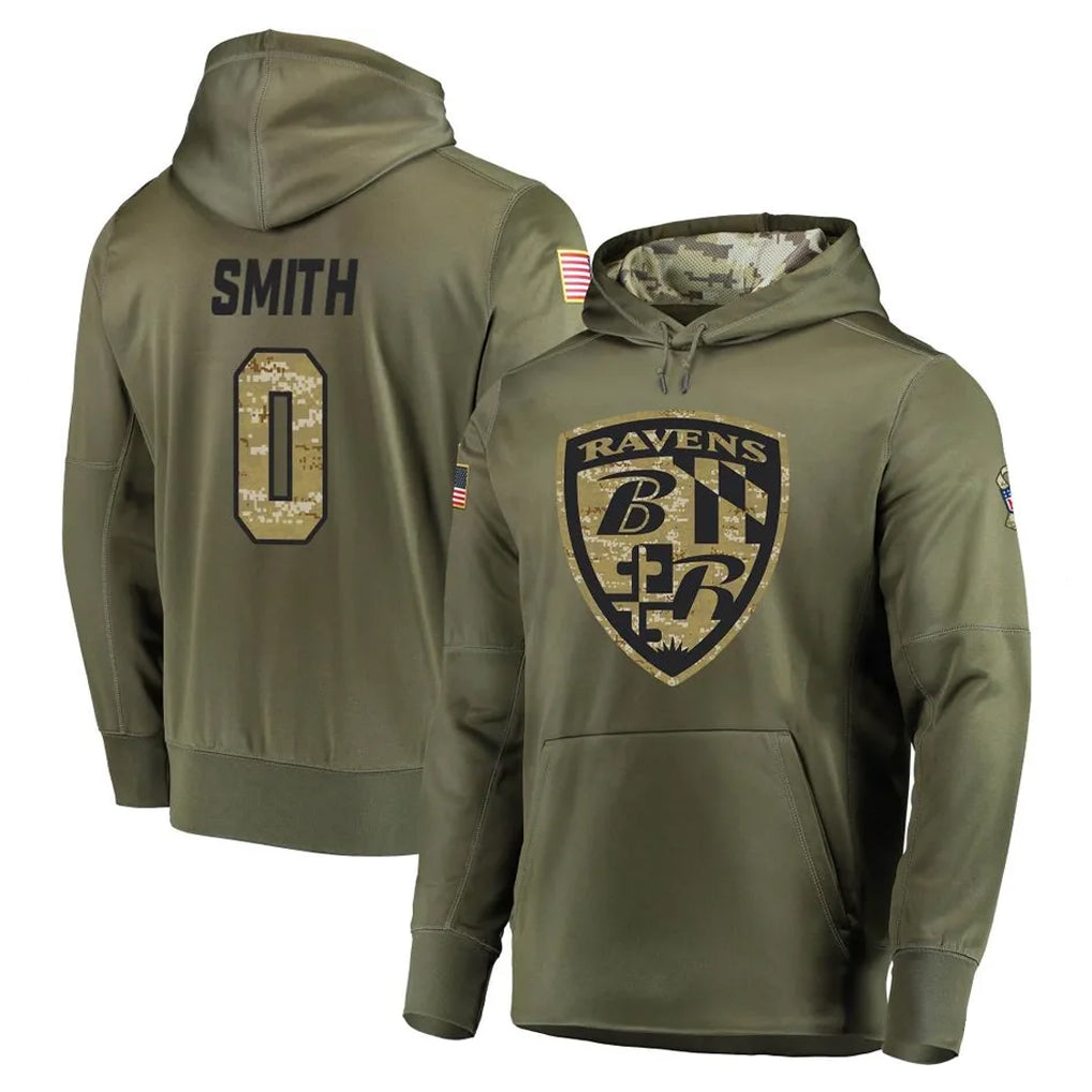 Kooe B.Ravens #0 Roquan Smith Player Olive Salute to Service Pullover Hoodie Stitched Jerseys
