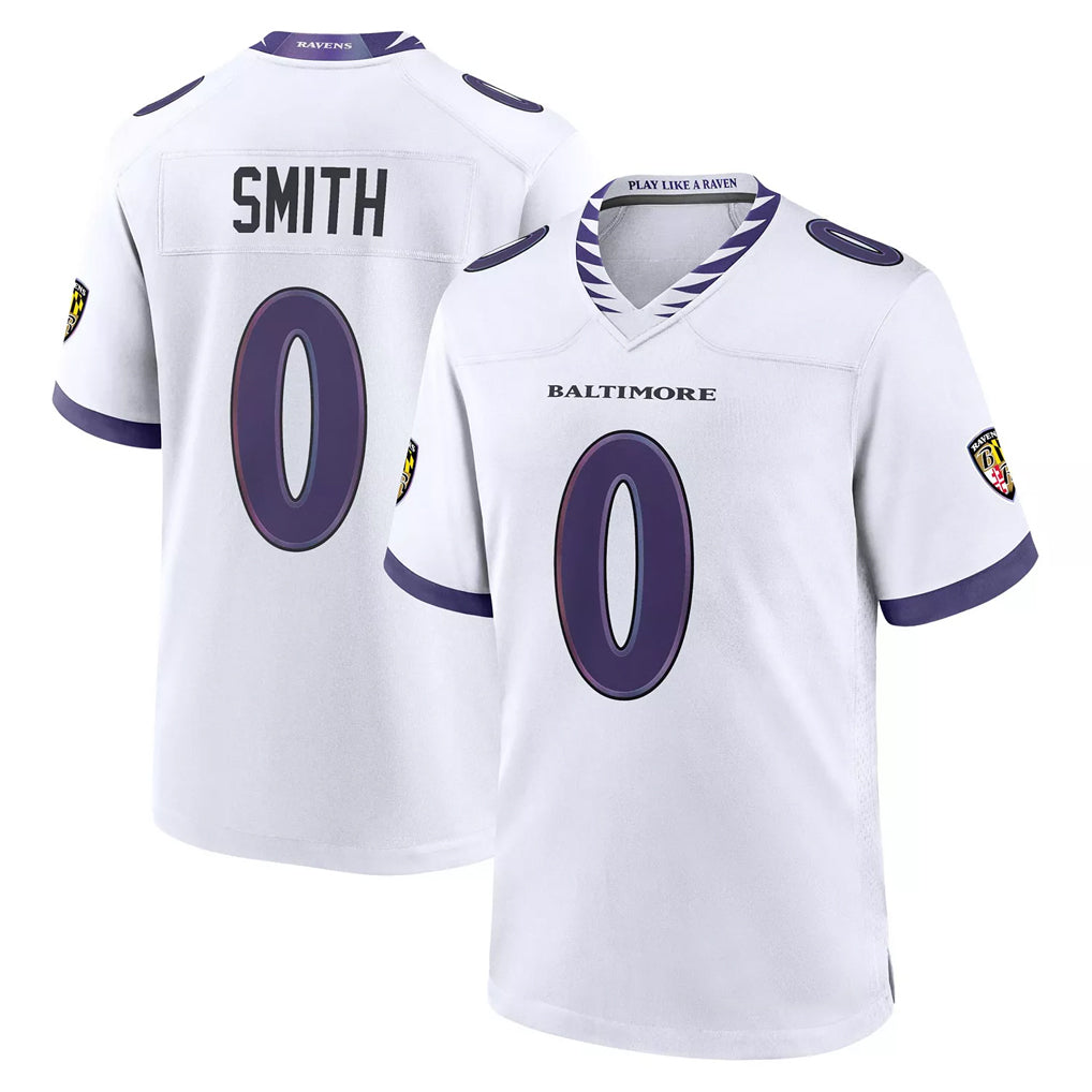 Kooe B.Ravens #0 Roquan Smith Player White Purple Home Game Stitched Jerseys