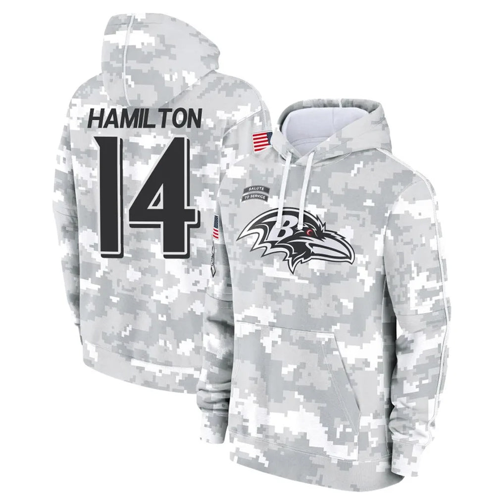 Kooe B.Ravens #14 Kyle Hamilton Player Arctic Camo Salute to Service Pullover Hoodie Stitched Jerseys